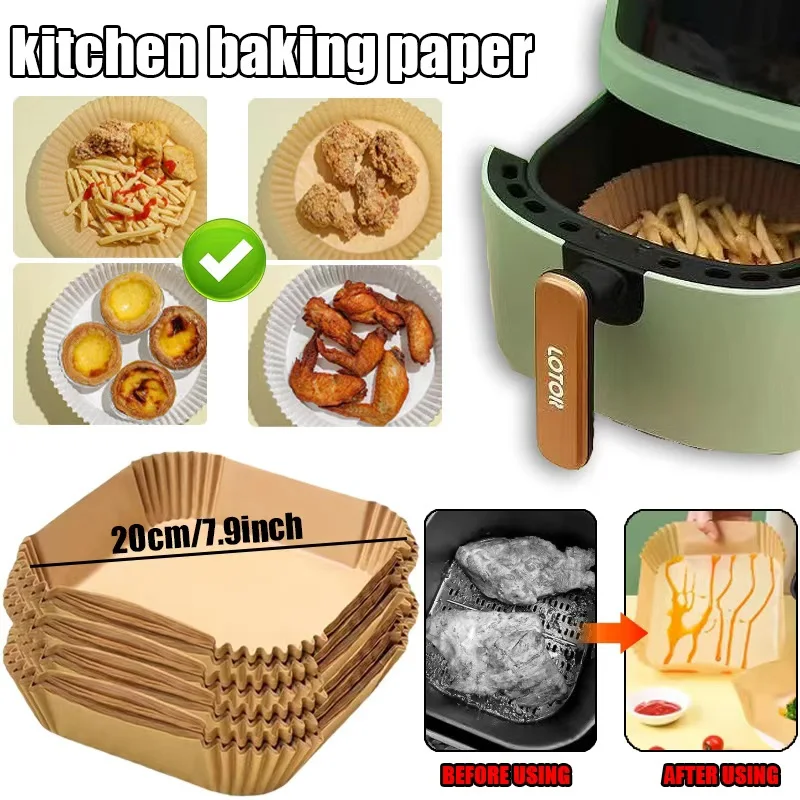 50-200 قطعة مقلاة هوائية ورق للاستعمال مرة واحدة غير لاصق مقلاة هوائية أوراق الخبز مقلاة هوائية مستديرة بطانات ورقية وسادات ورقية ملحقات المطبخ
