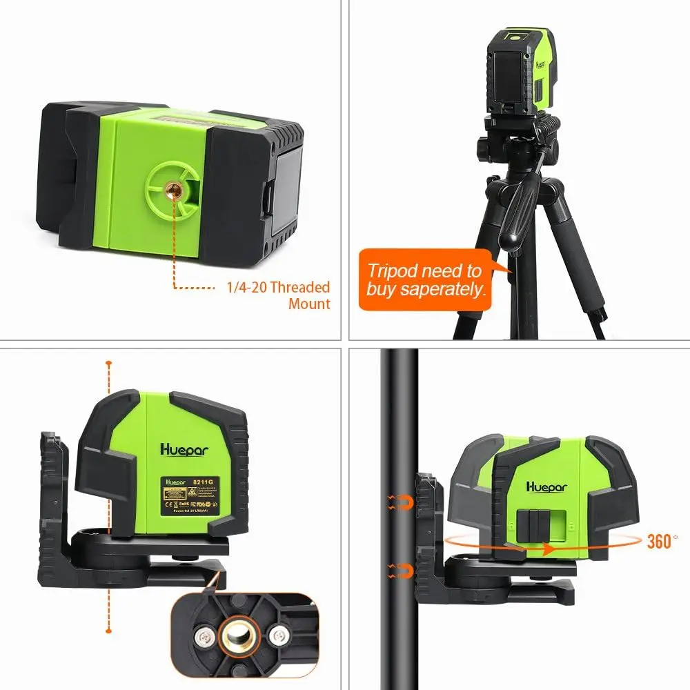 Huepar 8211G Cross Line Laser Level with 2 Plumb Dots Professional Green Beam 130° Multi-Use Self-Leveling Alignment