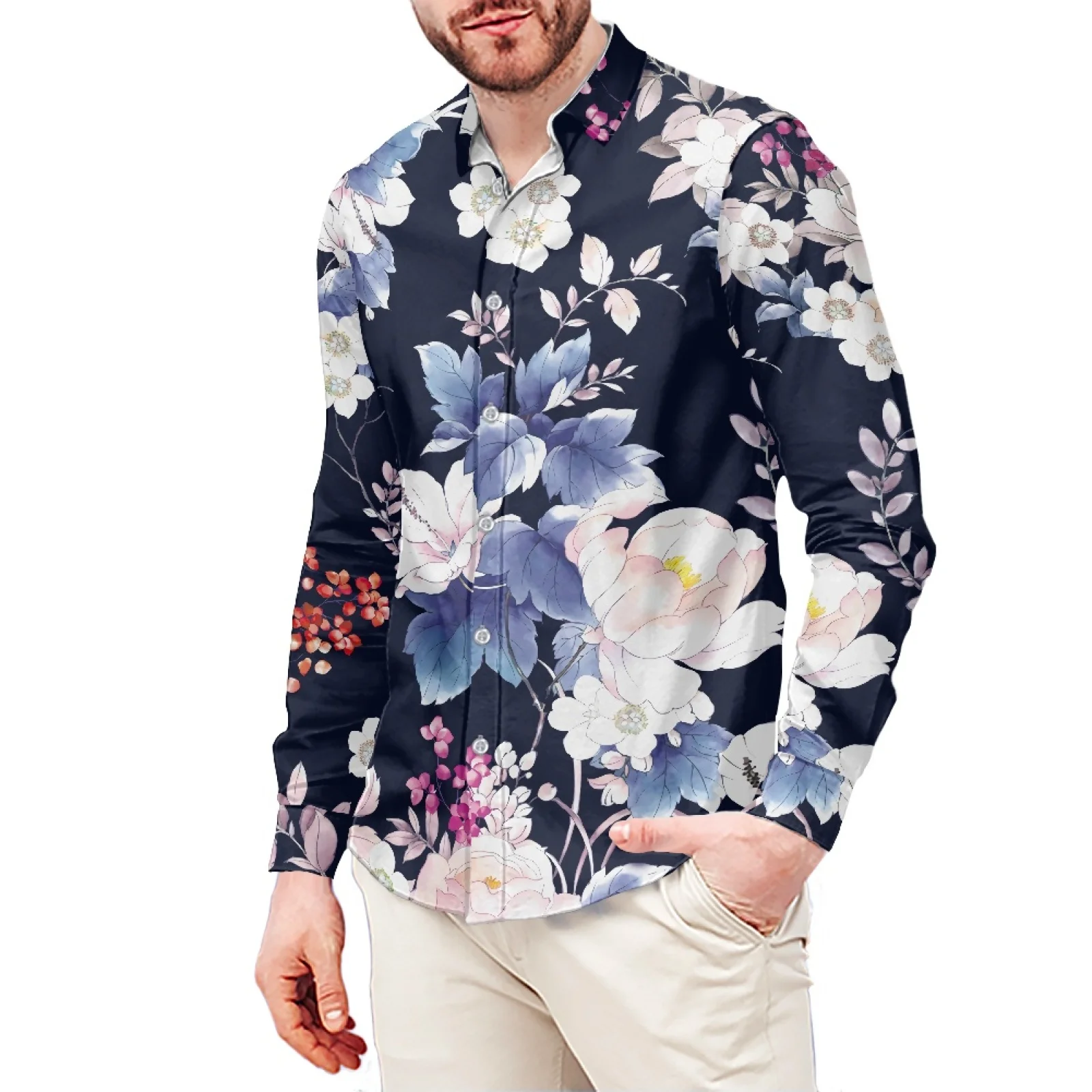 

Hibiscus Printed T-Shirt Polynesian Samoa Hawaiian Style Slim Long Sleeve Shirt Men's Dress Shirt Wedding S-6xl Fall/Winter