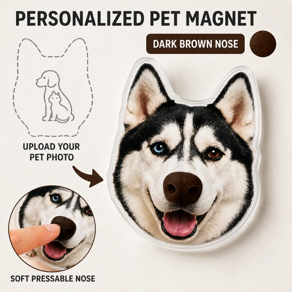 Custom Pet Photo Acrylic Fridge Magnet, Personalized Dog Cat Refrigerator Magnet With 3D Silicone Nose, Pet Memorial Gift