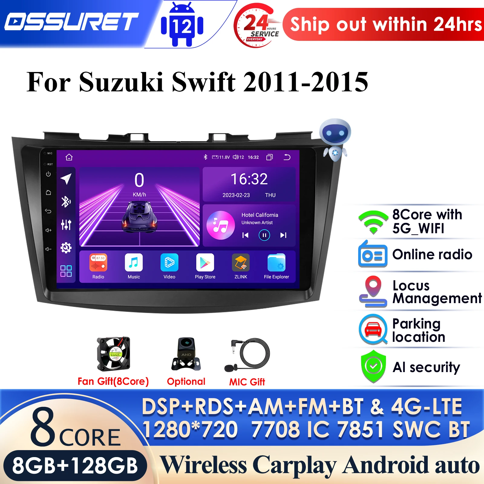 

1280*720 For Suzuki Swift 2011-2015 Carplay 2 Din Android 13 Car Radio Multimidia Video Player GPS Navigation Head Unit Stereo