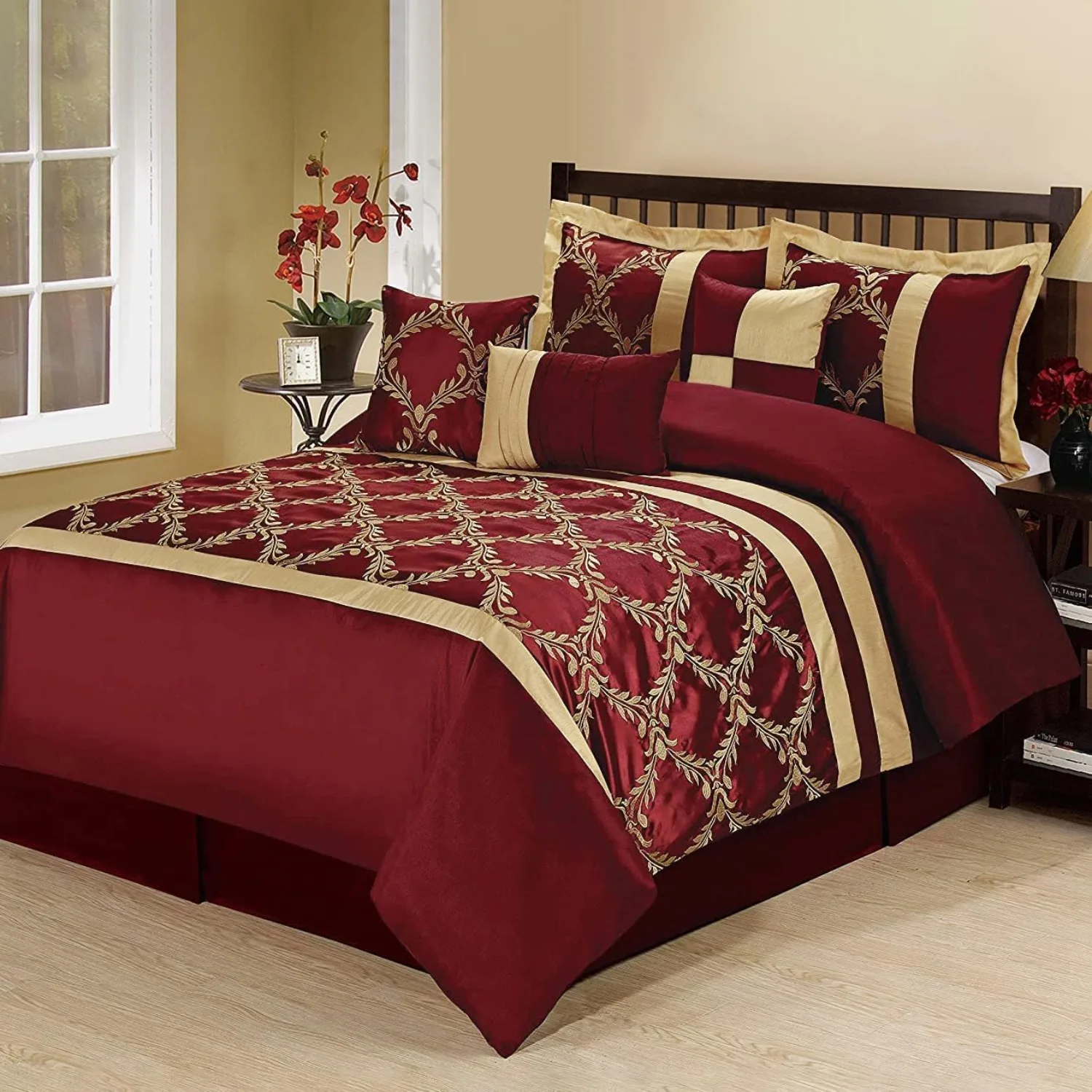 Traditional Taffeta Bed in A Bag for Bedroom Decor, Burgundy and Gold Faux Silk Fabric with 1 Comforter