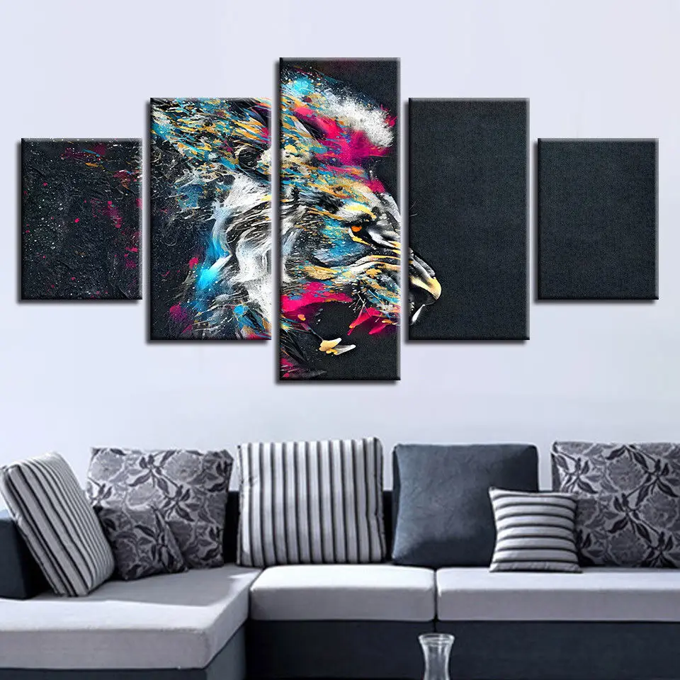 

Psychedelic Angry Lion Animal Canvas 5Pcs Mural Wall Print Art Posters Pictures Home Decor Paintings for Living Room Decoration