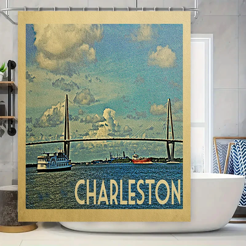 Vintage Charleston Shower Curtain Decorative Wall Art for Bathroom Blue Sky Bridge River Scene High-Quality Fabric Material Avai