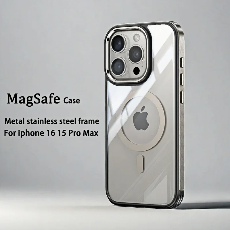 

Titanium Metal Frame Magnetic Transparent Phone Case For iPhone 16 15 Pro Max Airbag For Magsafe Wireless Charging Phone Cover