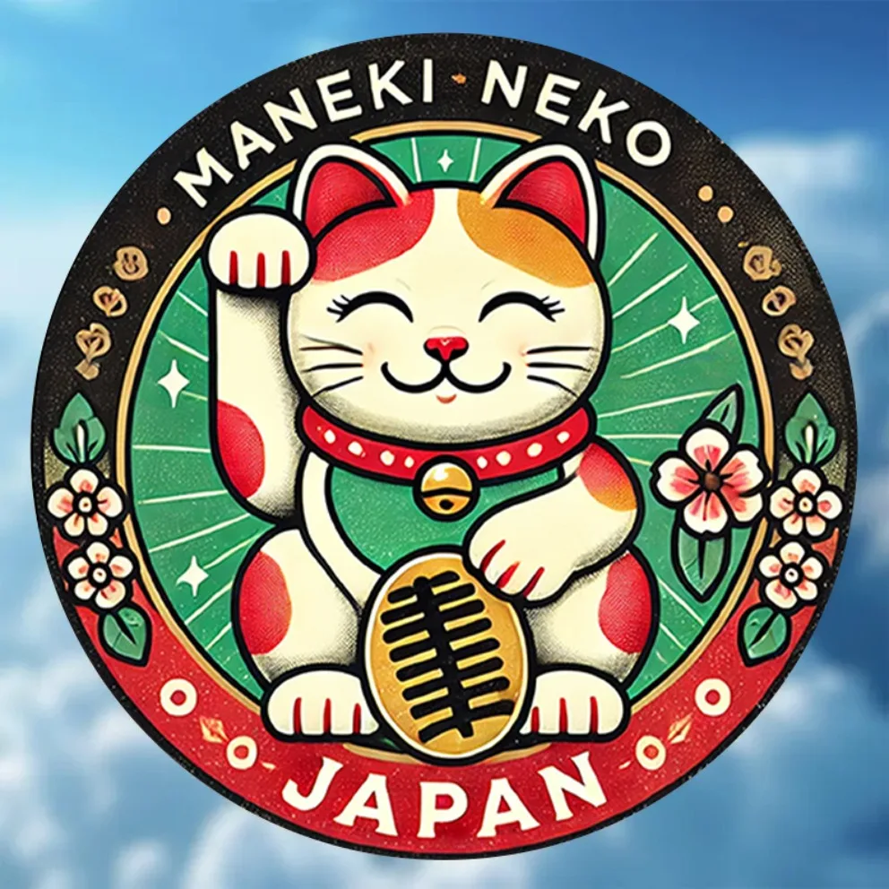 2D flaches „Cheerful Japanese Lucky Cat“-Metallschild (1 Stück): 20,3 cm rundes Retro-Design, Maneki-Neko, für Zuhause/Wandkunst, ideales Geschenk