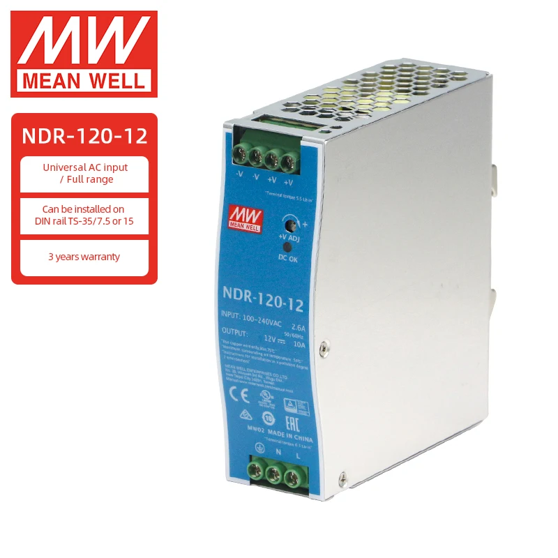 

Mean Well NDR-120 series DC 12V 24V 48V 10A 5A 2.5A 120W DIN Rail Power Supply