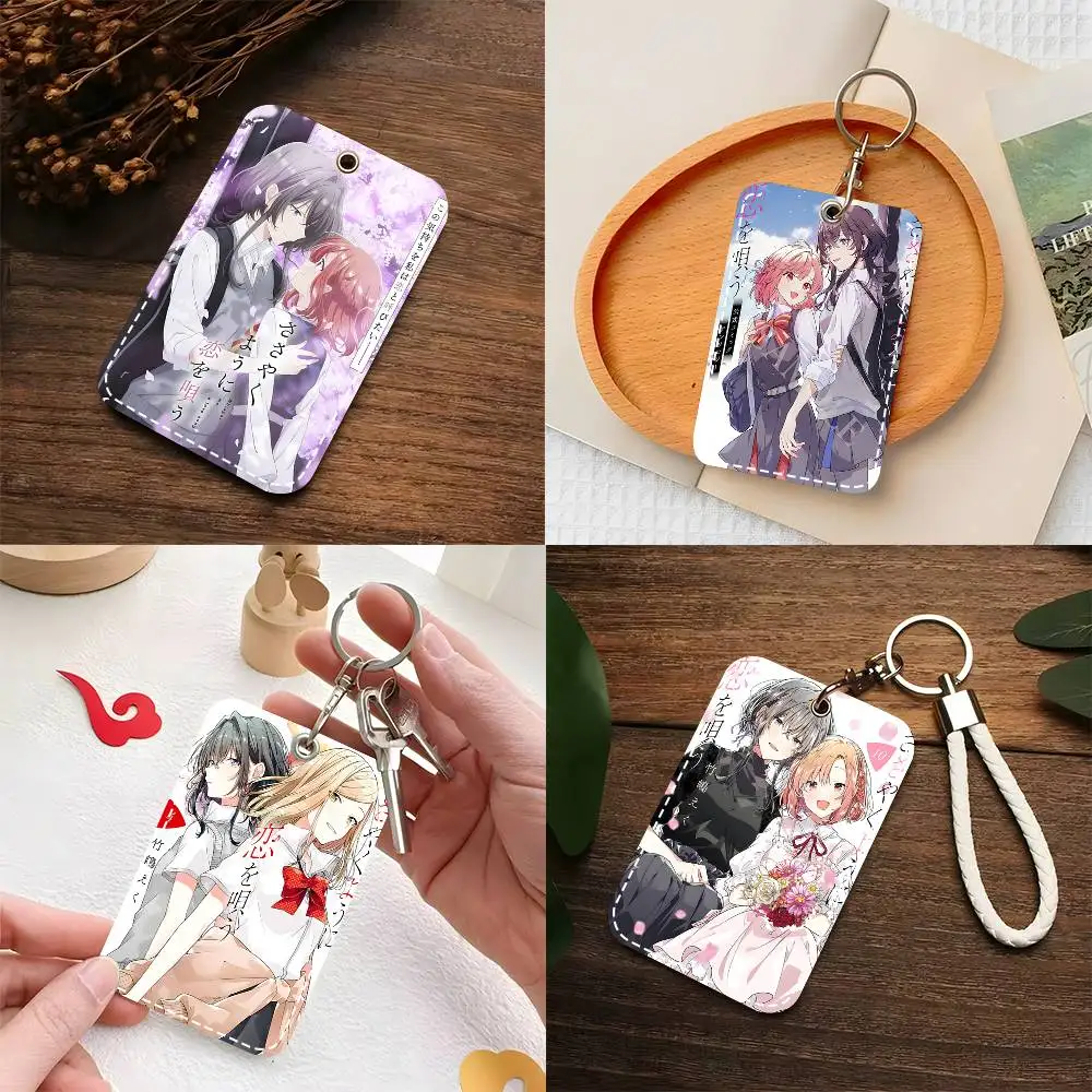1pc Sasayaku You Ni Koi Wo Utau Card Case Keychain Access Card Bag Key Tag Ring Leather Card Holder Key Ring Access