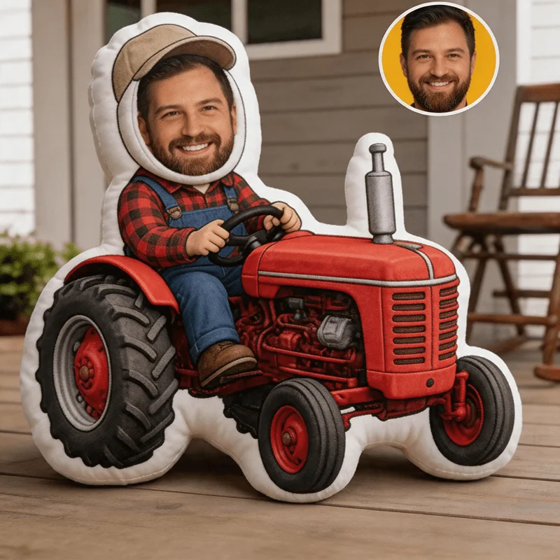 Personalized Photo Customization: Farm Tractor Driver Character Vibrant Multicolored Custom Shaped Decorative Cushion, Stylized