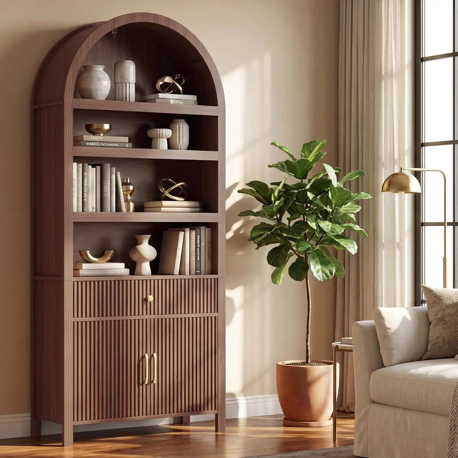

Книжный шкаф Walnut Arch с 7-ю высокими полками, выдвижными ящиками и рифлеными дверцами, модульный, для офиса, гостиной, спальни, библиотеки