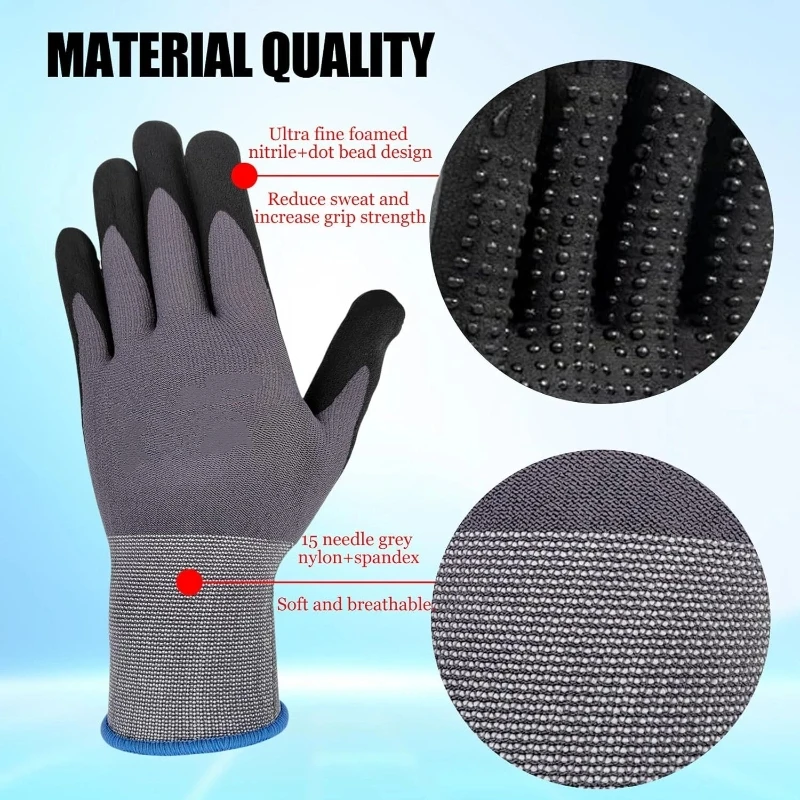 Safety Work Gloves MicroFoam Nitrile Coated Breathable 15G Seamless Knit Dots Grip Protective Gloves for Mechanic Gardening Work