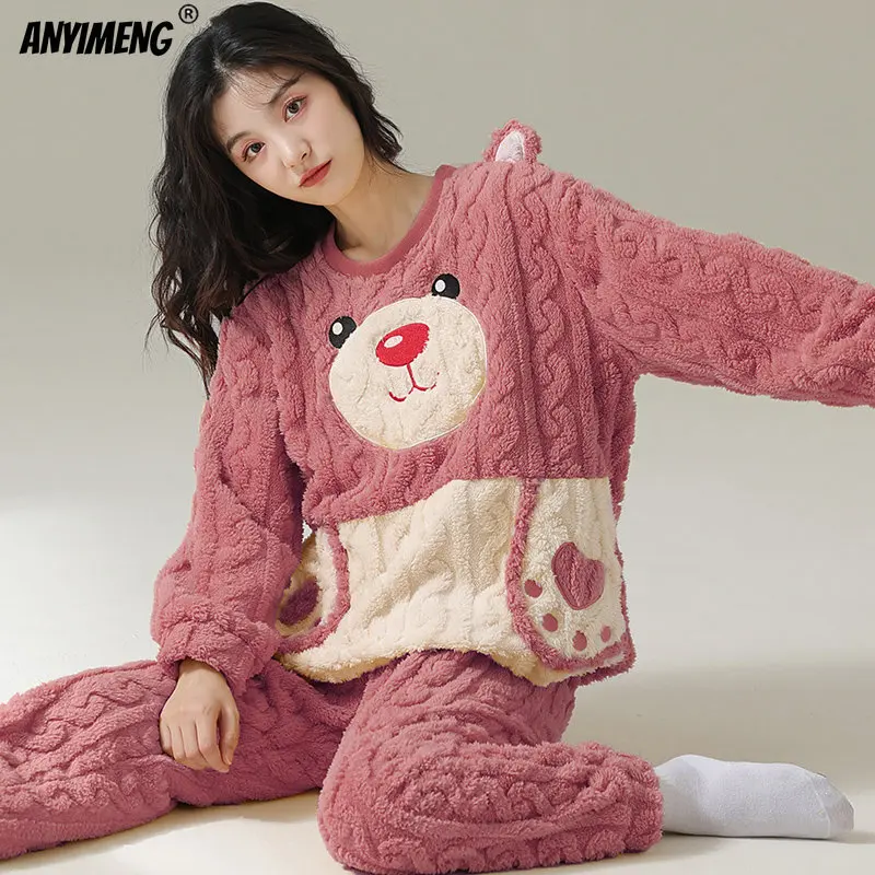 Funny Cute Bear Winter Pink Jacquard Flannel Woman Thermal Pajamas Lovely Chubby Teddy Sleepwear for Girl Women Cartoon Pijamas