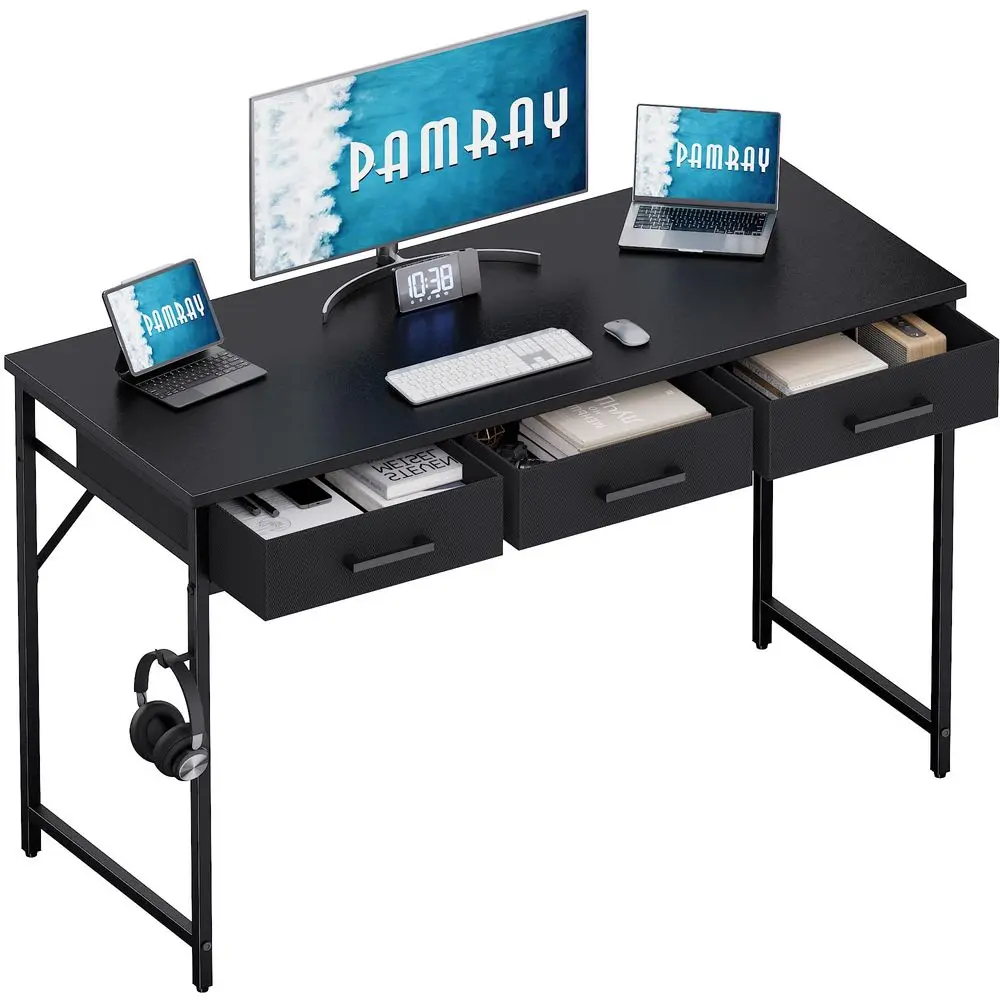 

47 Inch Small Computer Desk with 3 Drawers for Bedroom Study Writing Home Office Table for Small Spaces Black
