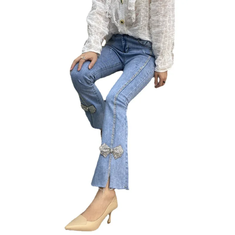 Denim Mulheres Rasgado Cropped Primavera Verão Novo Arco Frisado Calças Denim Ladies Jeans