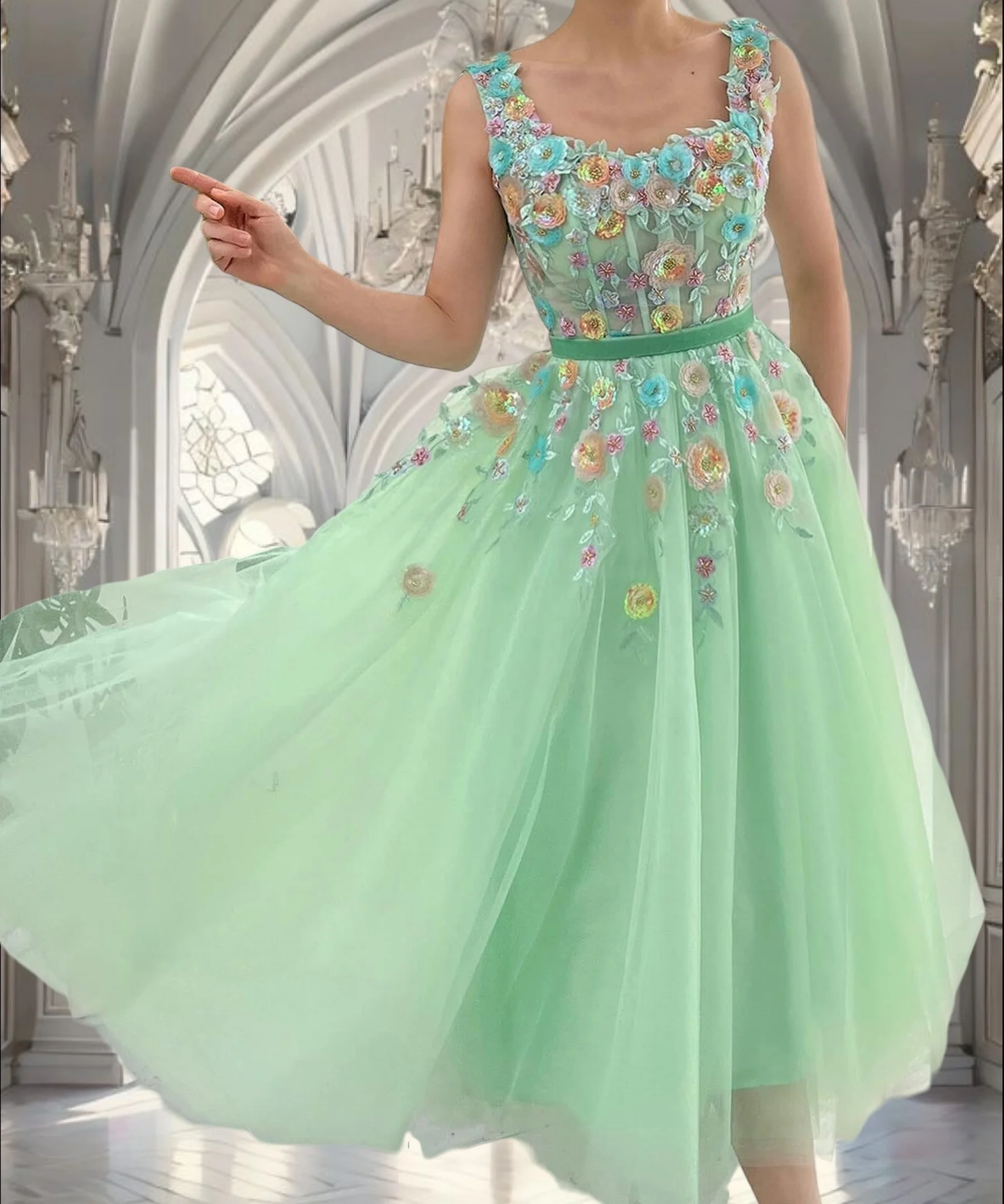 

Mint Green Square Neckline Prom Dresses Tea Length for Girls 2025 Embroidery Flowers A Line Formal Evening Gowns