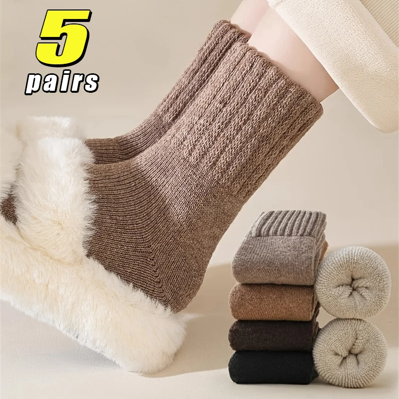 

5Pairs Solid Color Heavy Weight Knit Thermal Crew Socks Women's Soft Cozy Fleece-Lined Sleep Mid-Calf Sock for Cold Weather