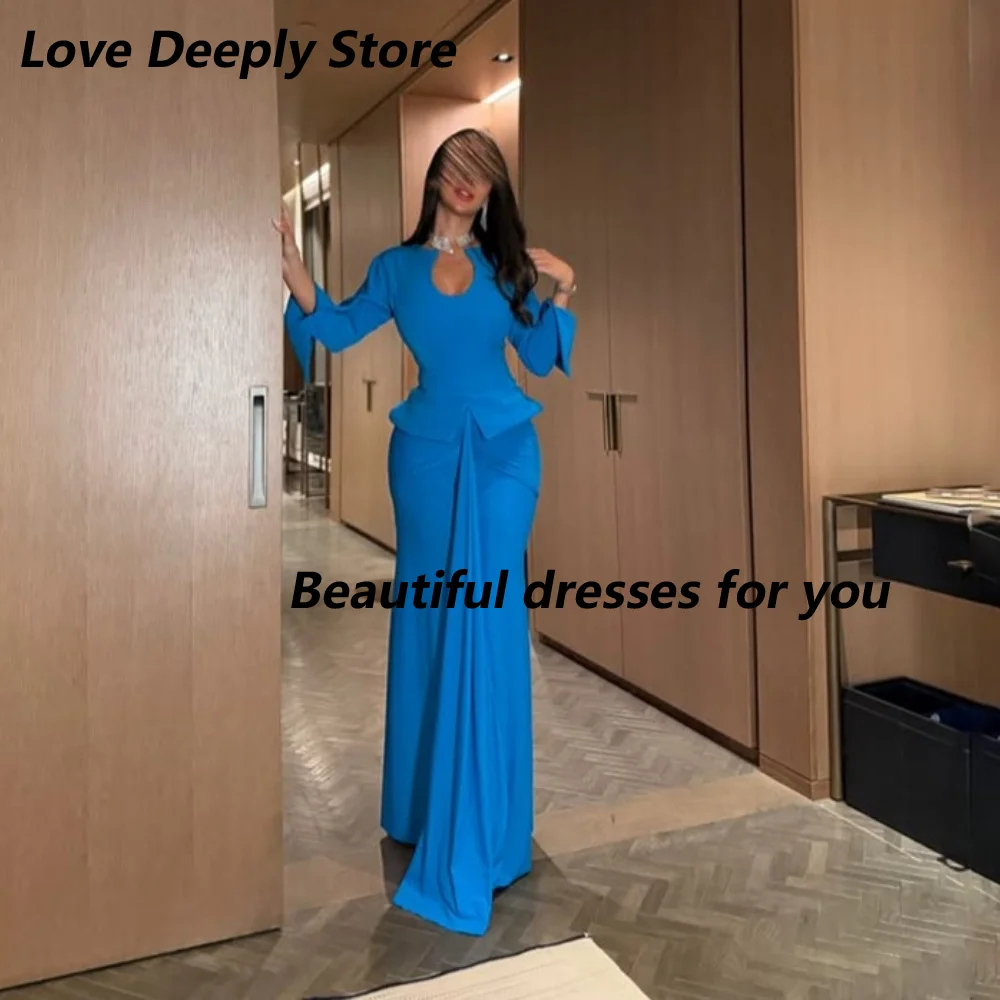 Blue Long Evening Dress Keyhole Neck Long Sleeve Ruched Mermaid Formal Party Gown Women Wedding Guest Prom Dress Customized