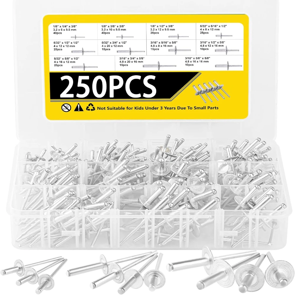 

250pcs 3/16" X 1/8" X5/32" Silver Large Cap Blind Rivets and Pull Rivets Set GB/T12618 Rivet Opening Type Large Cap Pull Rivets