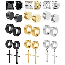 1/6 Pairs Stainless Steel Cross Pendant Clip Earring Non Piercing Fake Hoop Stud Earrings for Men Women Fashion Jewelry