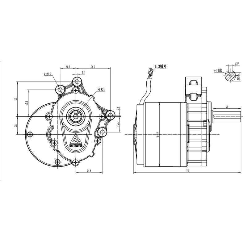 Brushed DC gear ， Low speed brushed gear motor for electric wheel, 250w, 24v, 75rpm / 120rpm, 44mm long, 17mm diameter