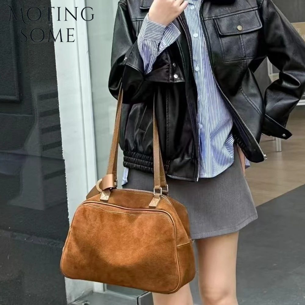 

motingsome suede leather satchel women winter bags luxury designer bag frosted cowhide bowling retro shoulder underarm purse
