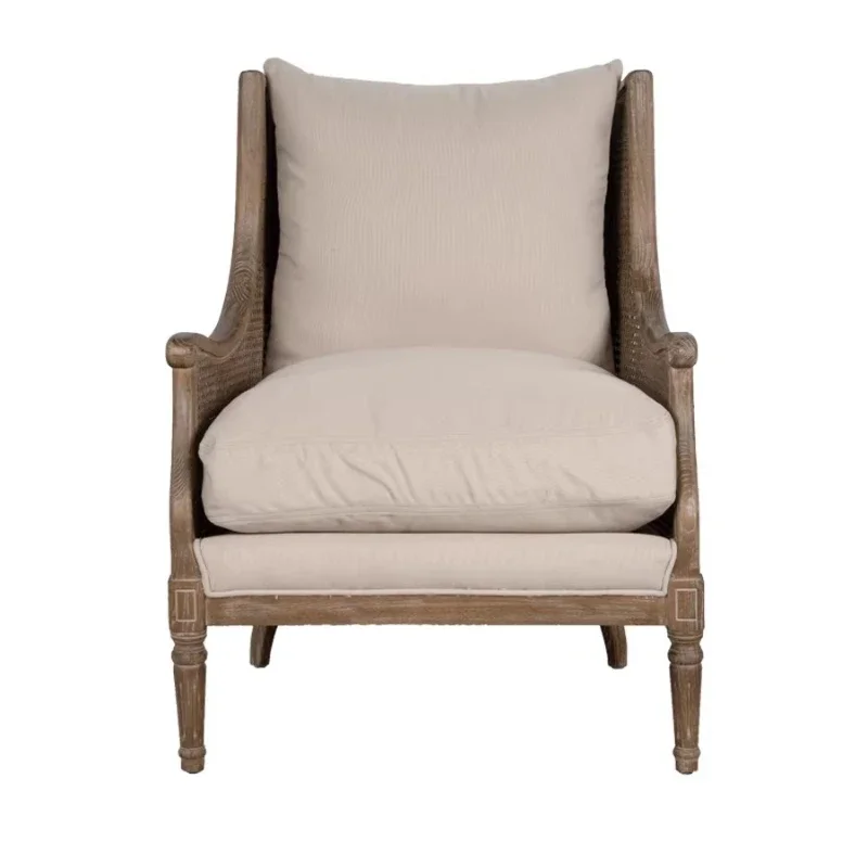 Single sofa, French American oak country rattan-backed linen sofa chair, pedal chair