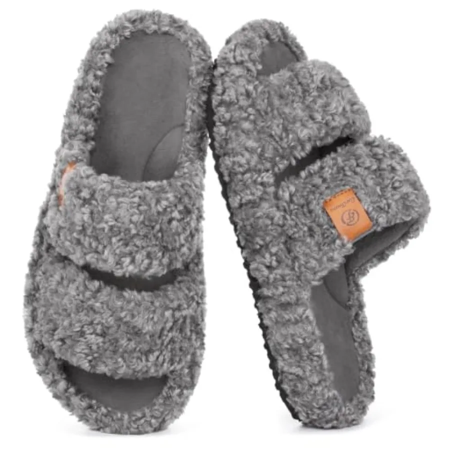EverFoams Womens Fuzzy Open-toe Slippers Memory Foam Indoor House Shoes machine-washable, gifts, memory foam, anti-slip sole, l