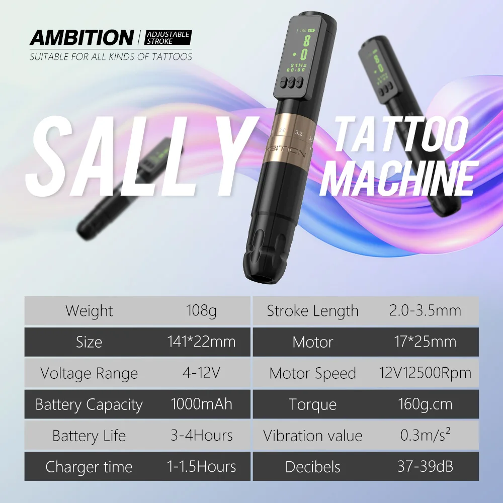 Ambition Sally Coreless Motor Adjustable Stroke Wireless Machine Tattoo Pen 2.0mm-3.5mm Rotary Permanent Makeup Tattoo Supplies