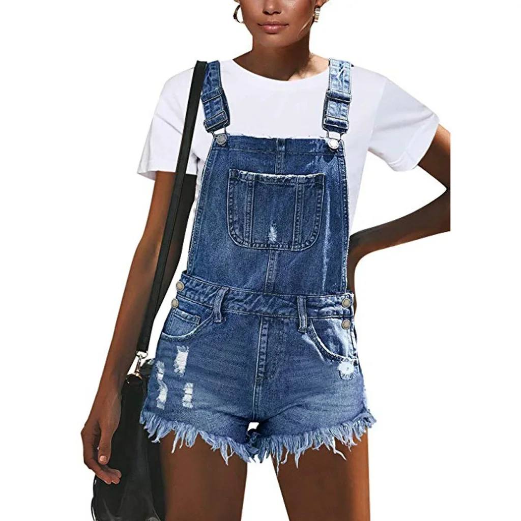 Baju kodok Denim lubang robek seksi wanita 2024 Jumpsuit musim panas wanita One Piece Jeans Playsuit tali celana pendek Romper Streetwear