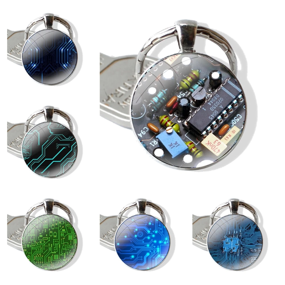 Computer Motherboard Circuit board Keychain Handmade Glass Cabochon Key Ring Holder Pendant Key Chains