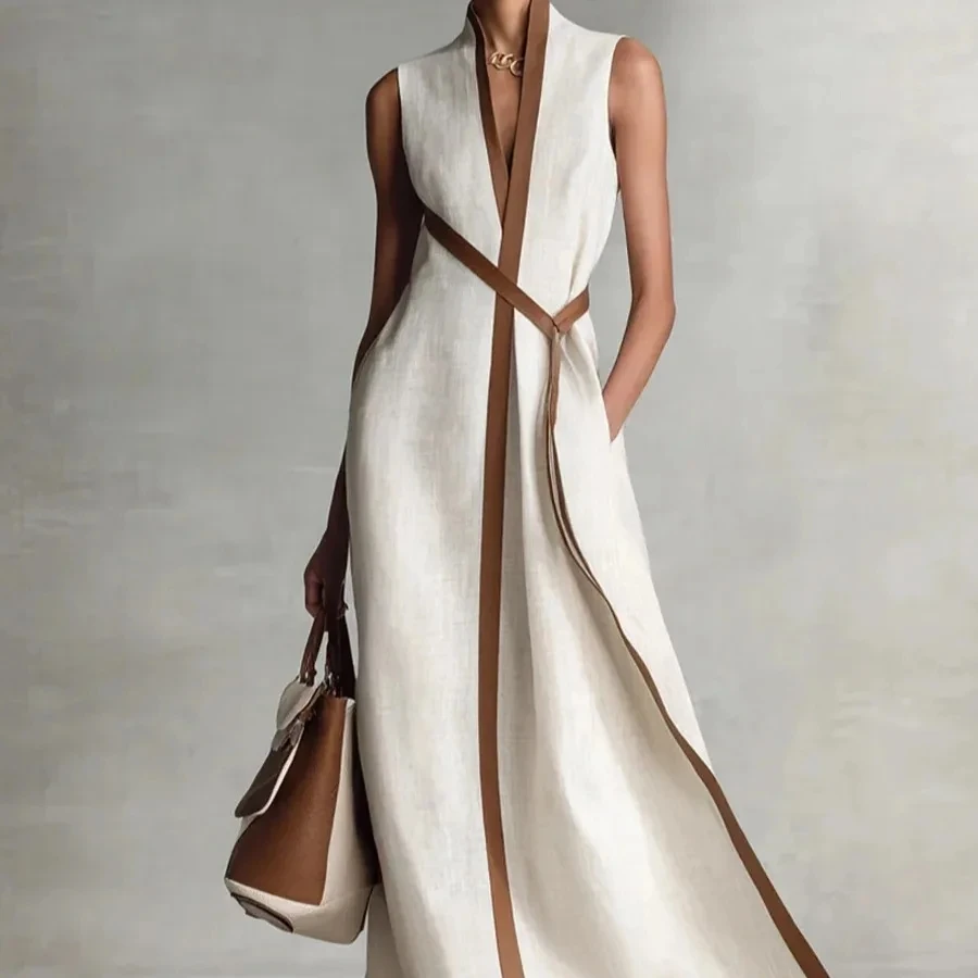 

Elegant Patchwork Sleeveless Maxi Dress Fashion Striped V Neck Simple Party Dress New Female Summer High Street Ladies Dress