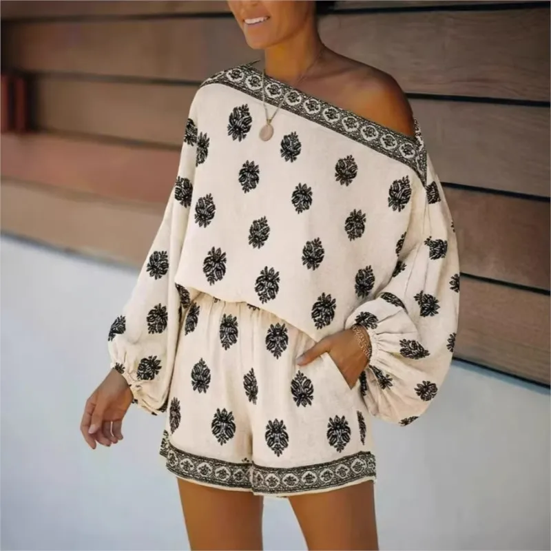 Mono Boho Chic con Hombros Descubiertos para Mujer, Nuevo Mono con Mangas Farol, Estampado Moderno, Cintura Elástica, Ropa de Verano para Mujer