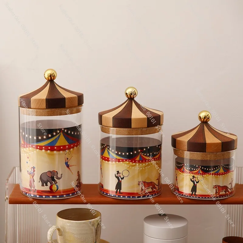 Elegant Circus Style Glass Storage Jar with Solid Wooden Lid Airtight Sealed Canister Color Block Real Wood Decor Coffee Tea