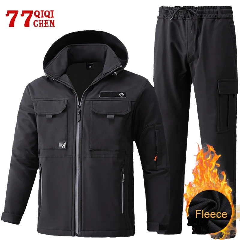 Winter Thick Tactical Sets Men Shark Skin Soft Shell Waterproof Multi Pocket Training Suit Wear-resistant Outdoor Fishing Jacket