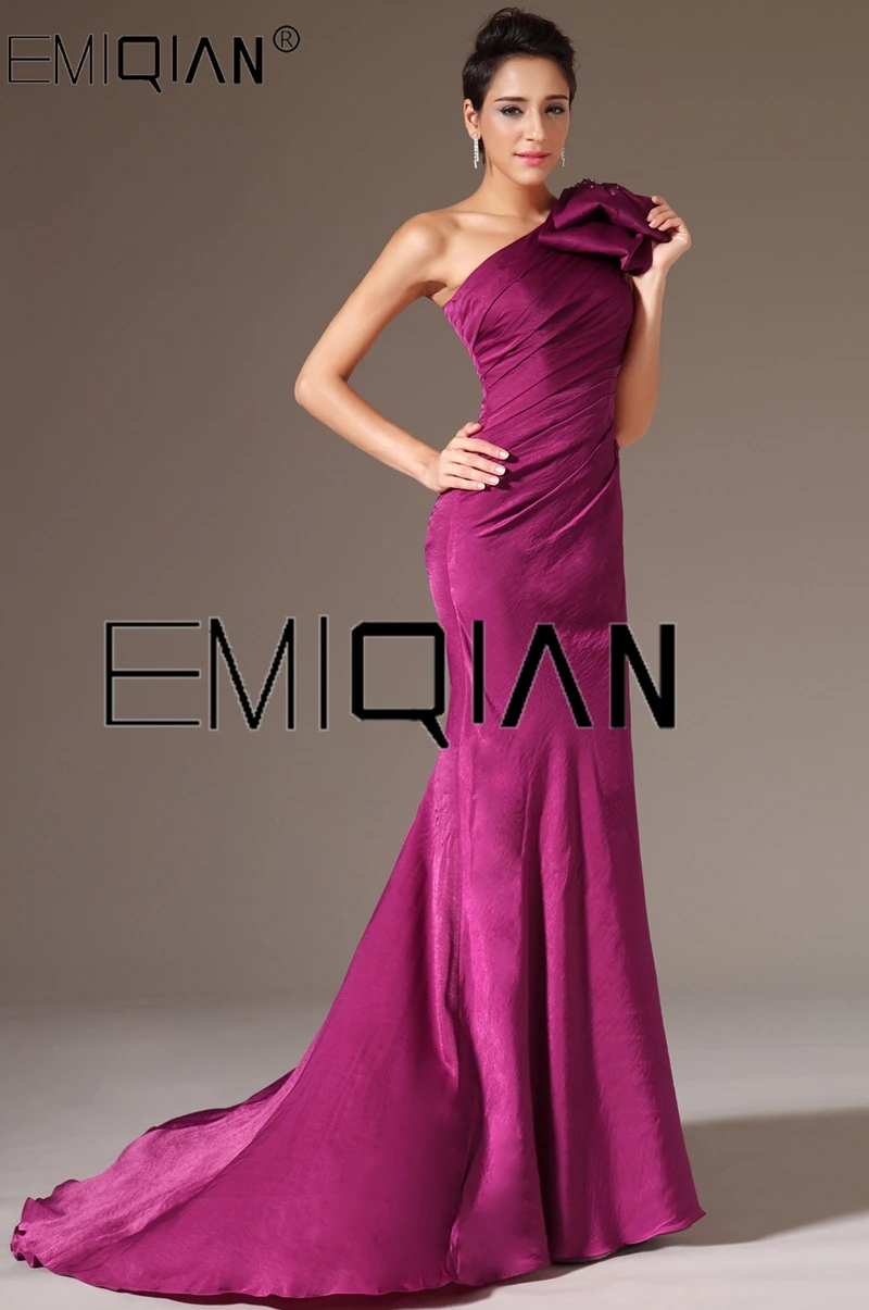 New Stylish One Shoulder Evening Gown Plum Mermaid Evening Dresses with big Bow