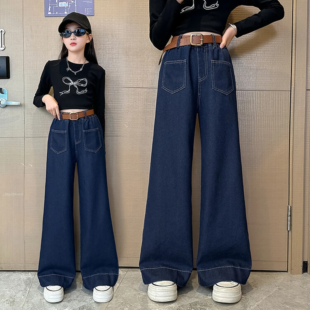 Jeans For Girls Fashion Kids Blue Wide Leg Pants New Spring Autumn Children Korean Trousers Children's Clothing 6 8 10 12 14Yrs