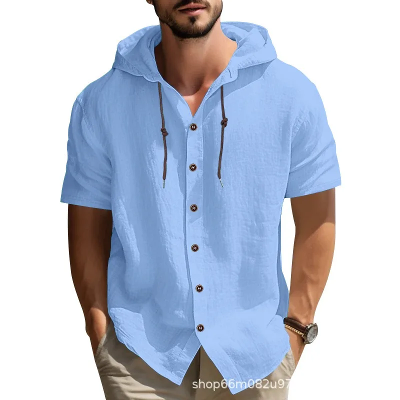 

Men's Hooded Short Sleeve Shirt Casual Button Down Blouse