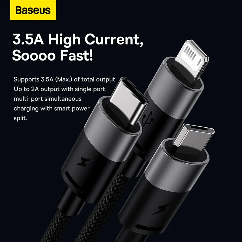 Baseus 3in1 USB Cable Fast Charging for iPhone 14 13 12 Pro Max 3.5A Micro USB Type C Cable for Samsung Xiaomi Redmi Phone Cord