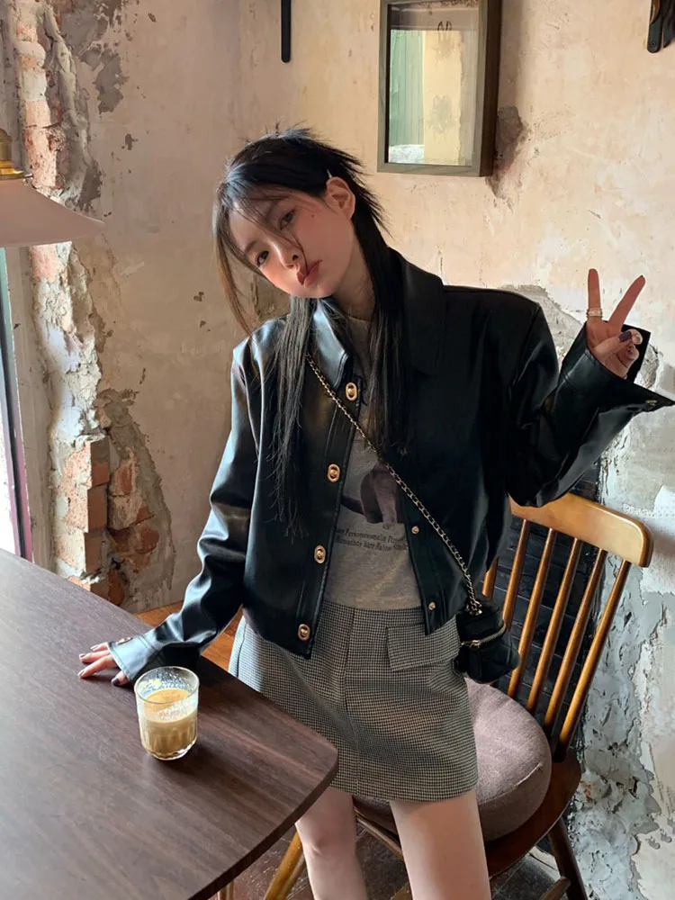 

Black PU Leather Jackets Women's Clothing Long Sleeve Turndown Collar Streetwear Outwear Casual Fashion Harajuku Y2k Coats Tops