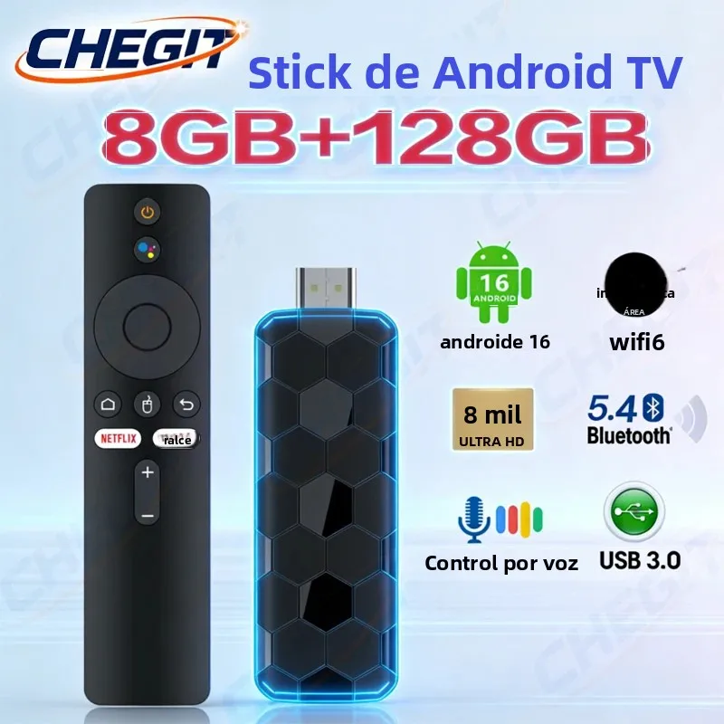 Dispositivo de TV Android 16 R3+ con Soporte para Video 8K, WiFi6 de Doble Banda, Bluetooth 5.4, Control Remoto por Voz para Netflix y YouTube, Transmisión Rápida
