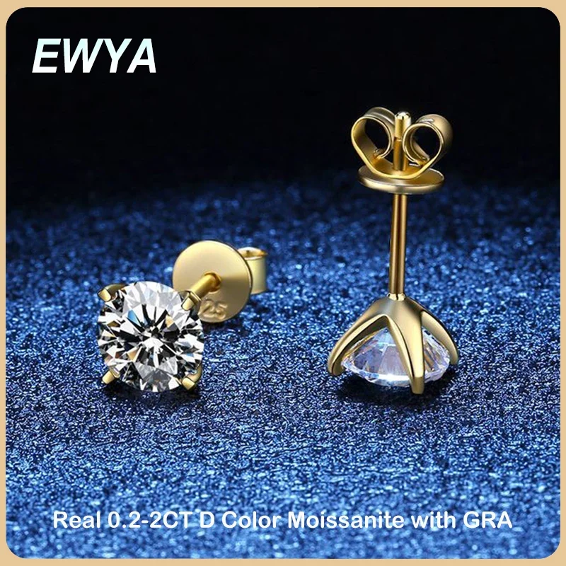 

EWYA Sparkling 4 Prong 0.2-2CT D Color Moissanite Stud Earrings For Women Fine Jewelry S925 Silver Plated 18K Diamond Earring