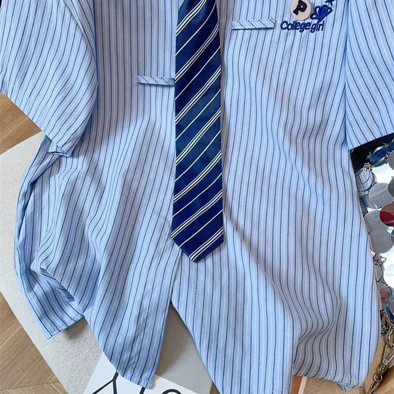 2025 Preppy Style Blue Striped Shirts Women Summer Short Sleeve Loose Blouse Woman Streetwear Letter Embroidery Shirts Female - Image 4