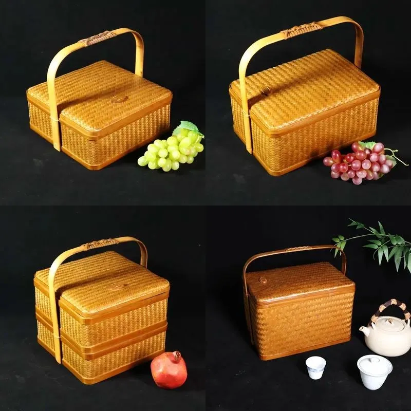 for 100% natural and environmentally friendly large rectangular flexible bamboo woven storage basket with handle, sustainable