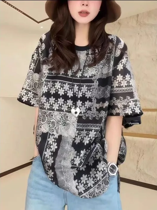 

Loose Casual round Neck Short Sleeve Floral Print Chiffon T-Shirt plus Size Women's Summer Top Comfortable Breathable Loose Fit