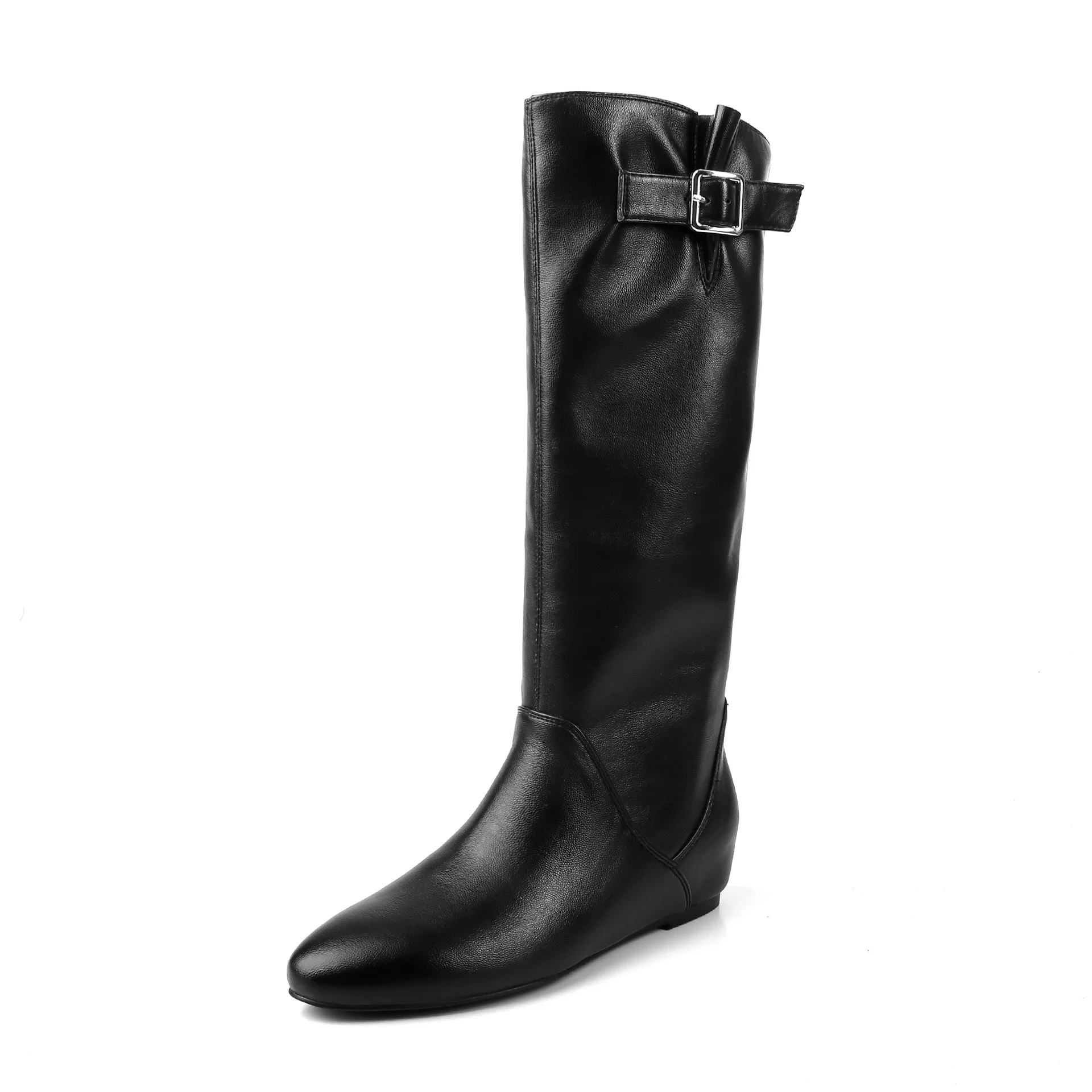 Arden Furtado Autumn Cow Suede Increased Internal Skinny Boots Round Toe Slip-on Middle Heel Belt Buckle Mid-Calf Boots