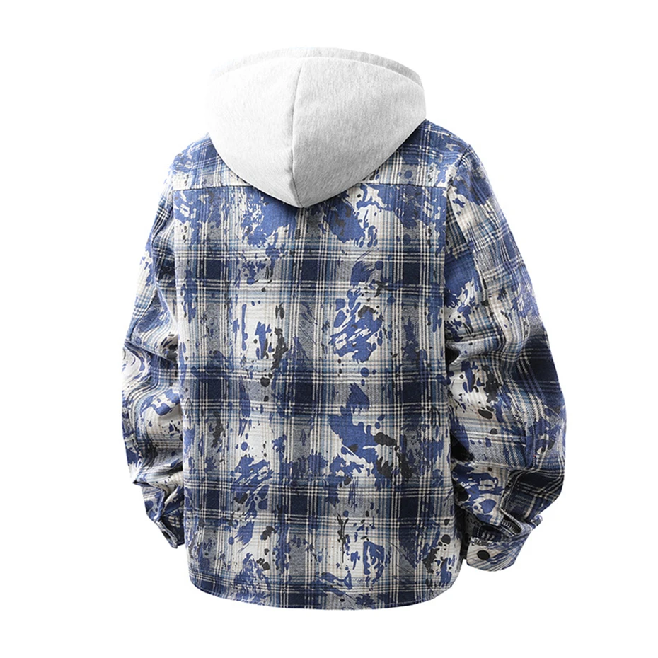 Hooded Tie-dye Plaid Shirt Men Long Sleeve Shirts Spring Autumn Fake Two Pieces Plaid Shirts Jacket Male Fashion Casual Blouse