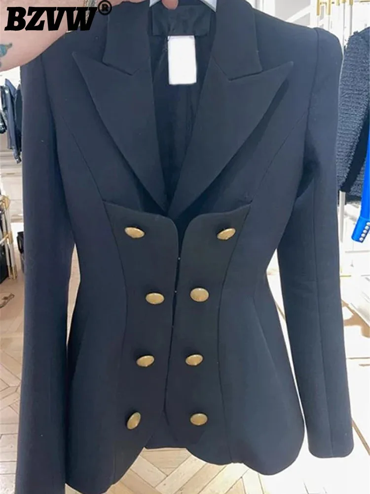 BZVW Personalized Blazer For Women Notched Double Breasted Solid Color Gathered Waist High-end Coats 2025 Trend New 25Z2153