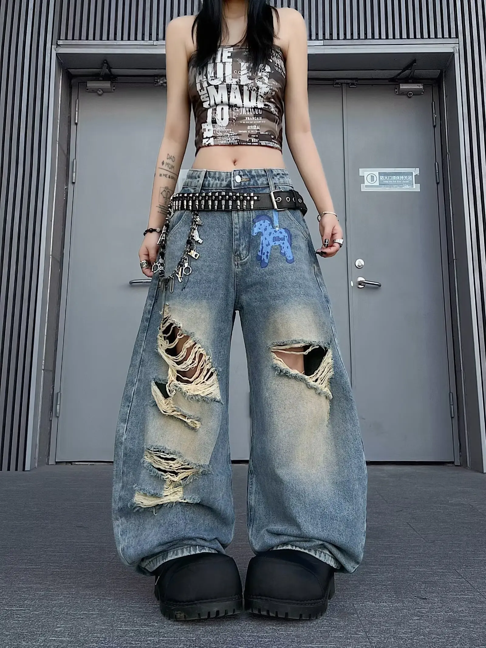 

Hip hop American style new retro ripped jeans wide leg pants women's summer vintage hanging versatile straight leg floor pants