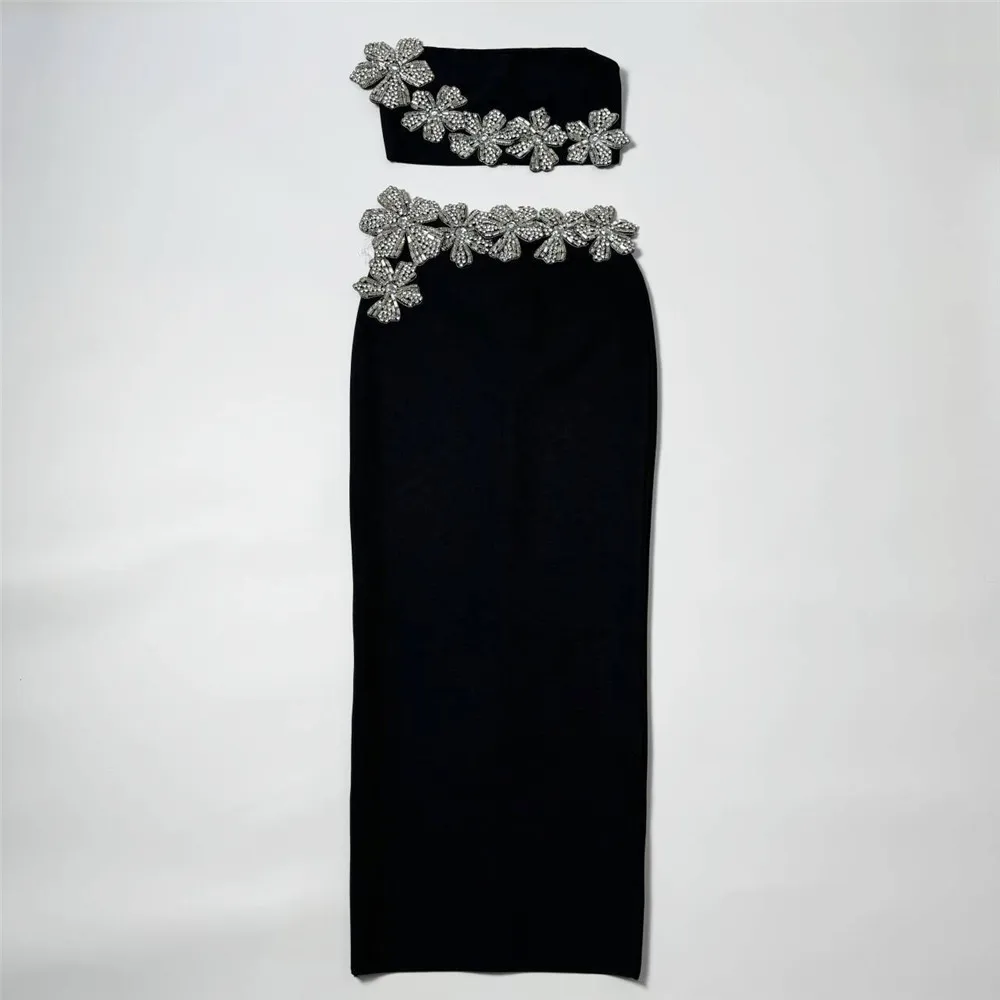 2024 Two Pieces Sets Sexy Beading Strapless Top Long Skirt Women Bodycon Clothing Elegant Party Bandage Sets