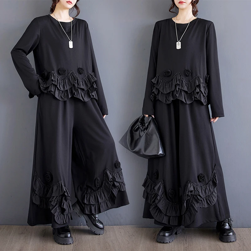 Spring Autumn Loose 3D Floral Splicing Asymmetrical Hem Top Wide Leg Pants Two Piece Set Black Slimming Effect Polyester Long...